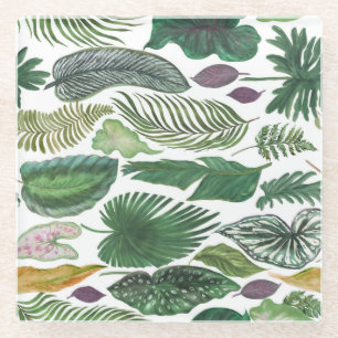 Tropical leaves: watercolor seamless background glass coaster
