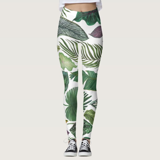 Tropical leaves: watercolor seamless background leggings (Front)