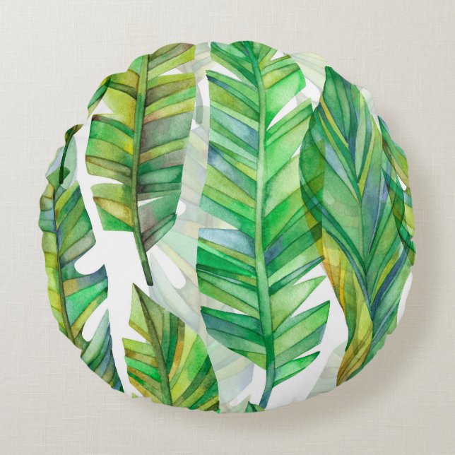 Tropical Leaves: Watercolor Seamless Pattern Round Cushion (Front)