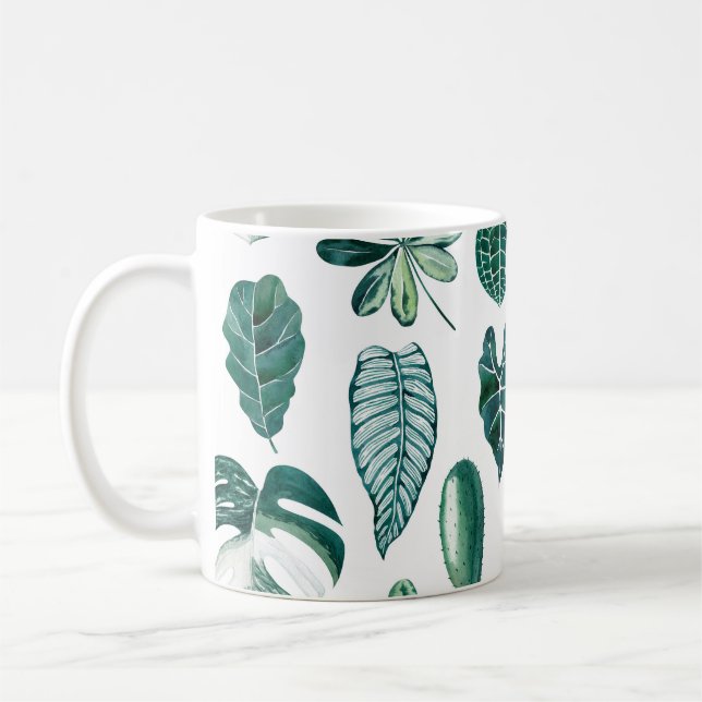 Tropical leaves watercolor seamless pattern with m coffee mug (Left)