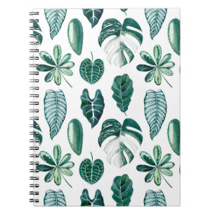 Tropical leaves watercolor seamless pattern with m notebook
