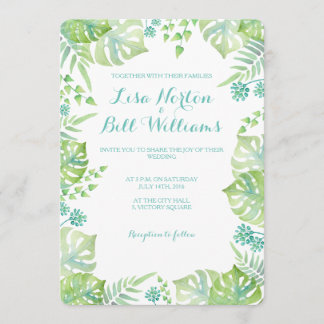 Tropical leaves watercolor wedding invitation