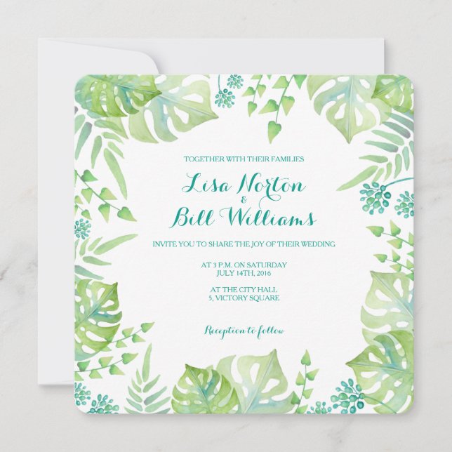 Tropical leaves watercolor wedding invitation (Front)