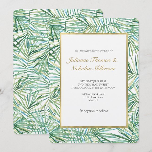 Tropical Leaves Watercolor Wedding Invitation (Front/Back)