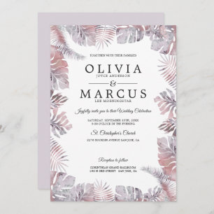 Tropical Leaves Watercolor Wedding Mauve Rose Invitation