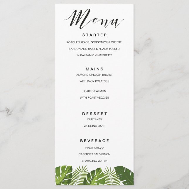 Tropical leaves wedding menu card template (Front)