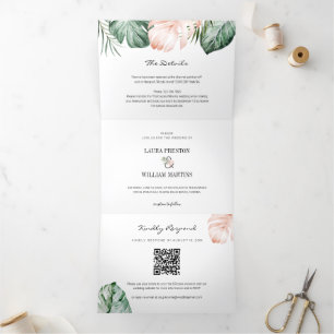 Tropical Leaves Wedding Photo RSVP QR Code Details Tri-Fold Invitation