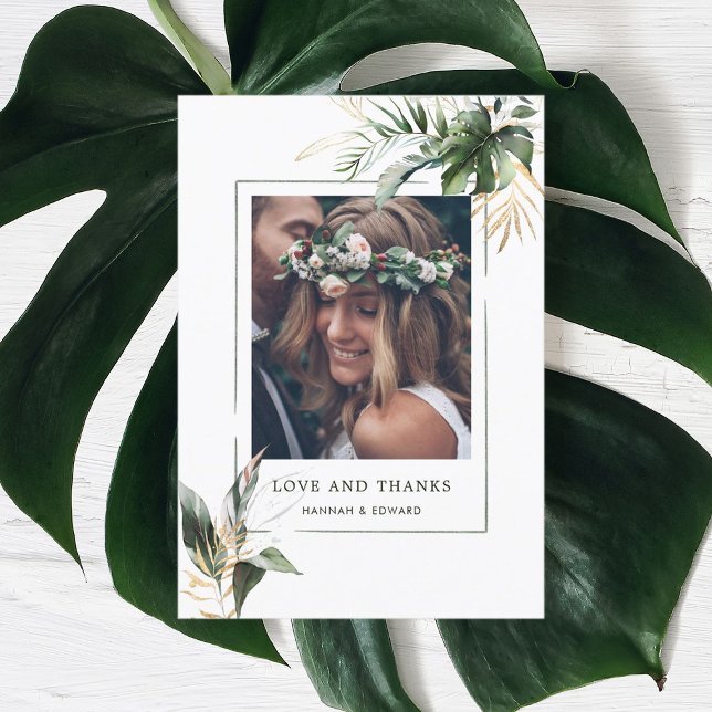 Tropical Leaves Wedding Photo Thank You Card (Creator Uploaded)