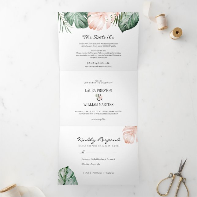 Tropical Leaves Wedding Photo with RSVP Details Tri-Fold Invitation (Inside)