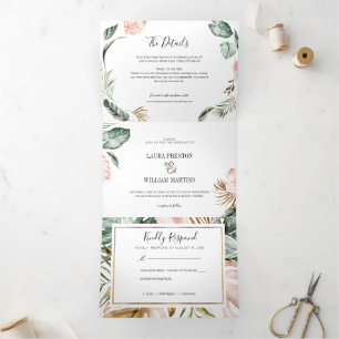 Tropical Leaves Wedding Photo with RSVP Details Tri-Fold Invitation