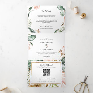 Tropical Leaves Wedding Photo with RSVP QR Code Tri-Fold Invitation