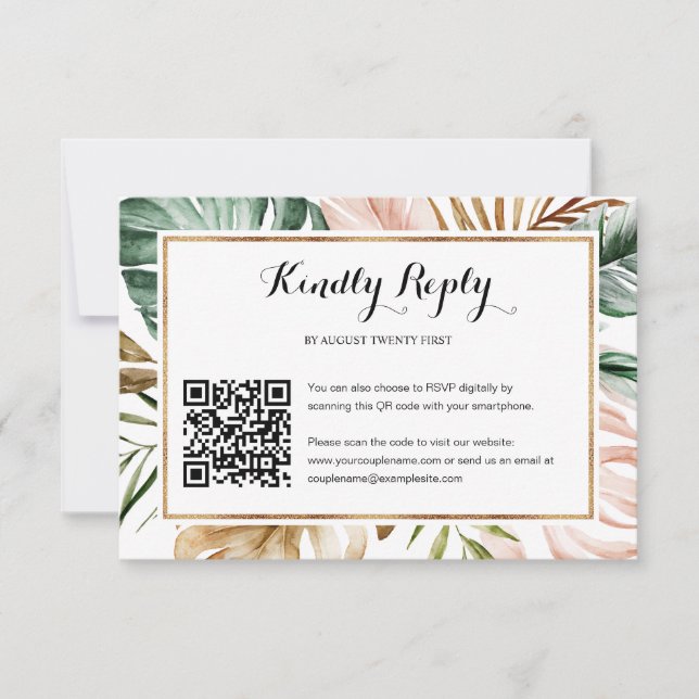 Tropical Leaves Wedding QR Code Photo RSVP Card (Front)