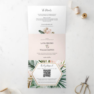 Tropical Leaves Wedding RSVP QR Code Details Photo Tri-Fold Invitation