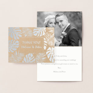 Tropical leaves wedding Thank you photo silver Foil Card