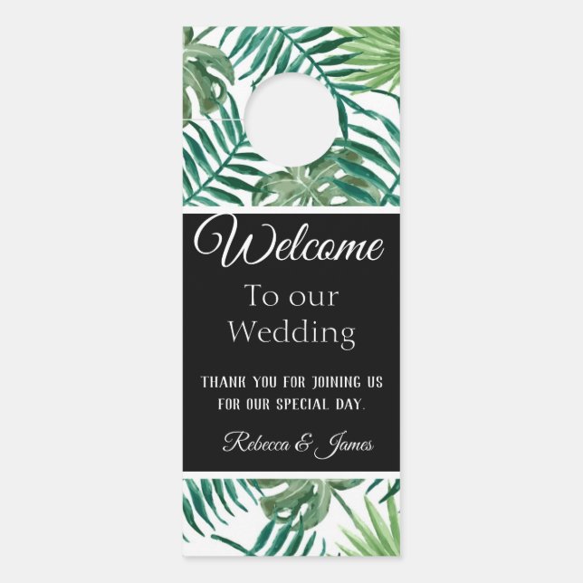 Tropical Leaves Wedding Welcome Black Door Hanger (Front)