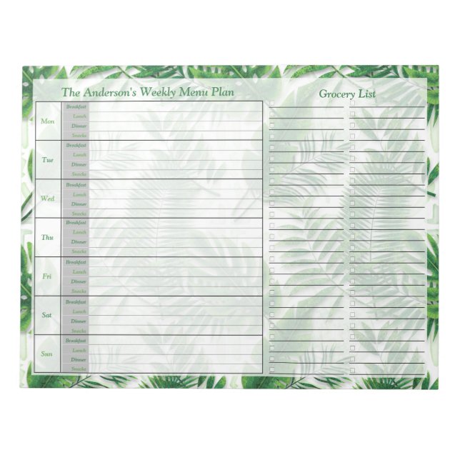 Tropical Leaves Weekly Personalised Menu Plan Notepad (Front)