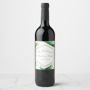 Tropical Leaves White Green Gold Custom Wine Wine Label