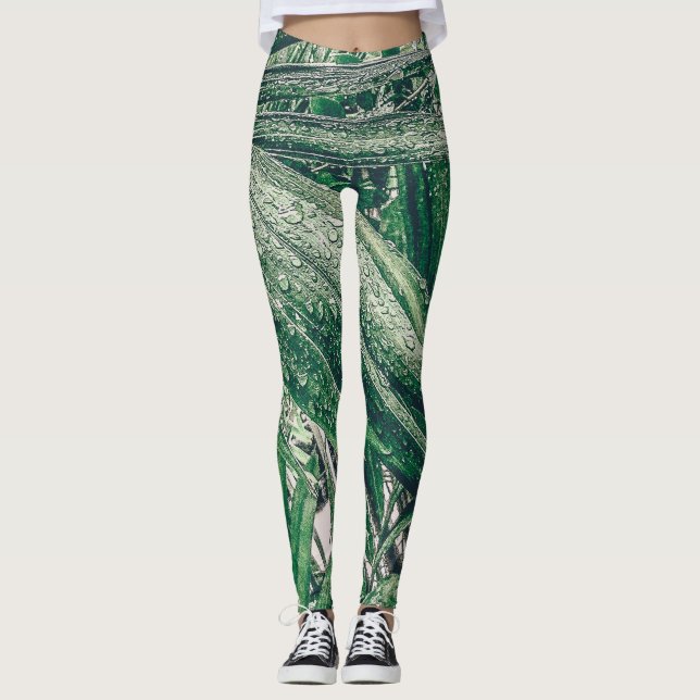 Tropical Leaves with Raindrops Leggings (Front)