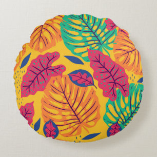 Tropical leaves: yellow background vintage graphic round cushion