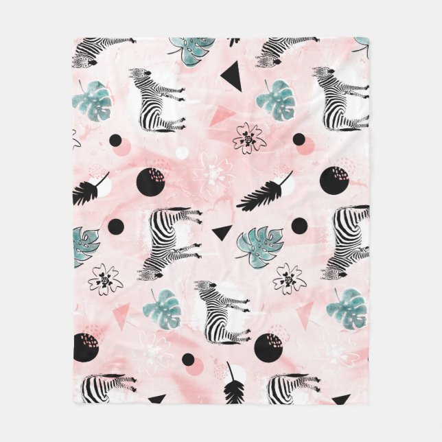 Tropical Leaves Zebras Tie-Dye Pattern Fleece Blanket (Front)