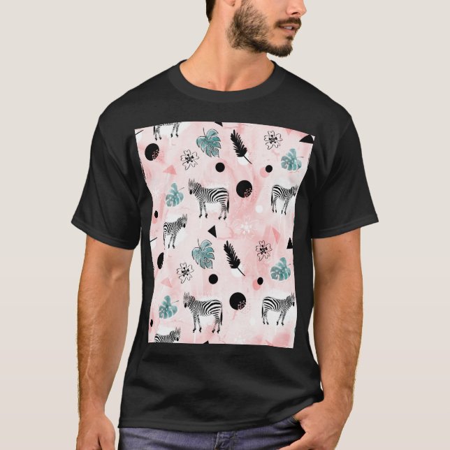 Tropical Leaves Zebras Tie-Dye Pattern T-Shirt (Front)