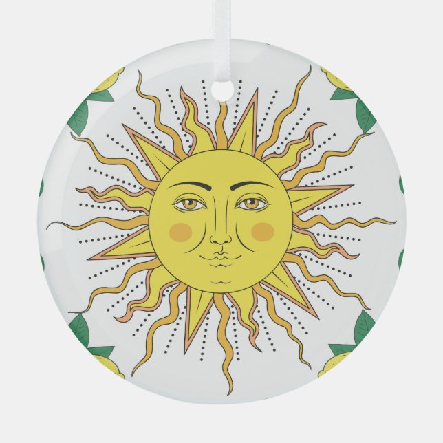 Tropical Lemon Fruits, Sun Face. Glass Tree Decoration (Front)