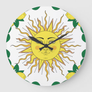 Tropical Lemon Fruits, Sun Face. Large Clock