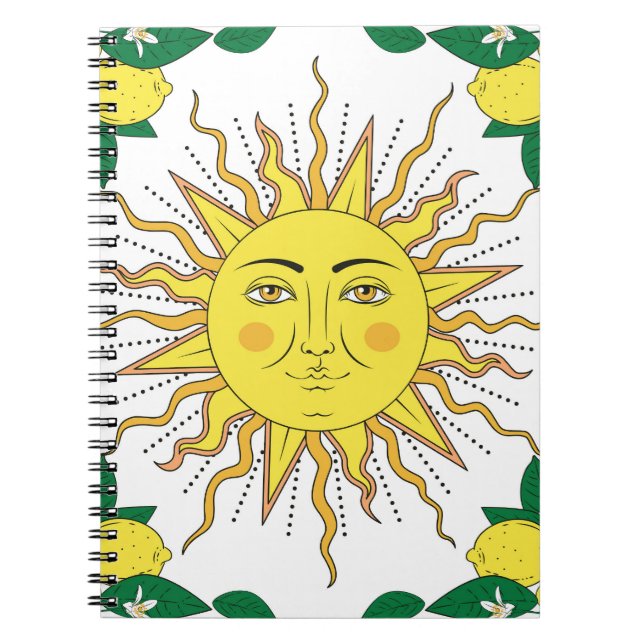 Tropical Lemon Fruits, Sun Face. Notebook (Front)