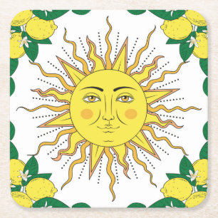 Tropical Lemon Fruits, Sun Face. Square Paper Coaster
