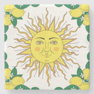 Tropical Lemon Fruits, Sun Face. Stone Coaster