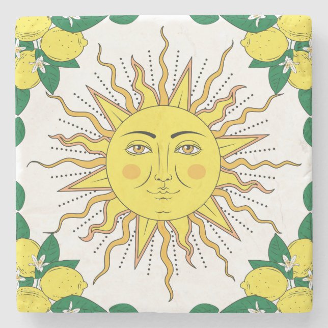 Tropical Lemon Fruits, Sun Face. Stone Coaster (Front)