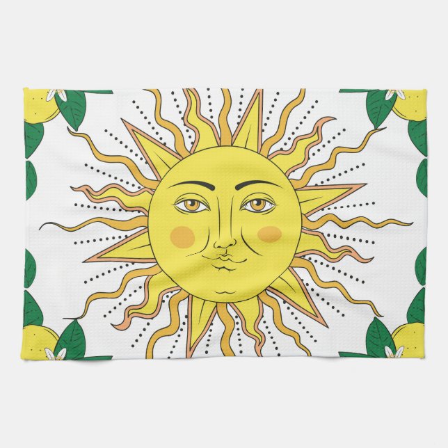 Tropical Lemon Fruits, Sun Face. Tea Towel (Horizontal)