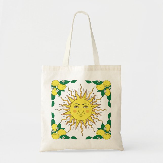 Tropical Lemon Fruits, Sun Face. Tote Bag (Front)