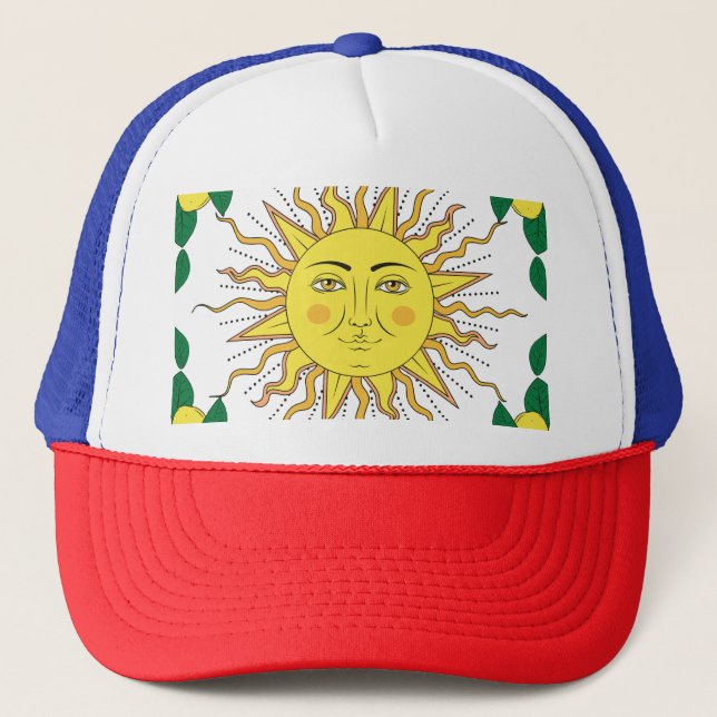 Tropical Lemon Fruits, Sun Face. Trucker Hat (Front)
