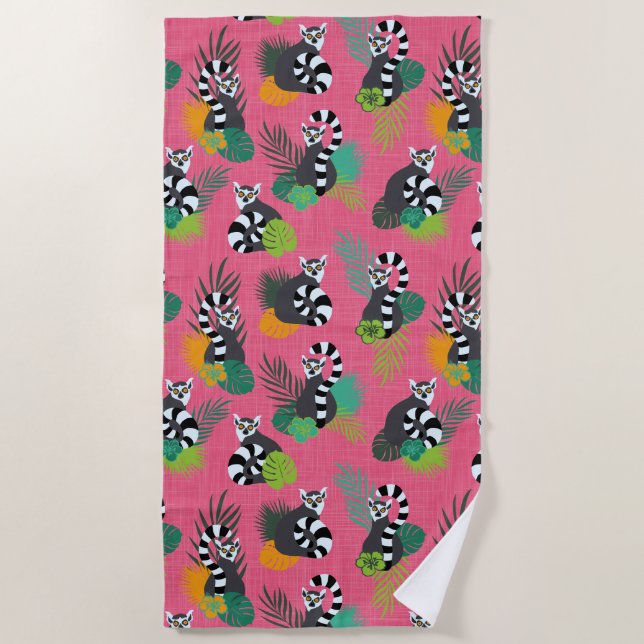 Tropical Lemurs - Pink Beach Towel (Front)