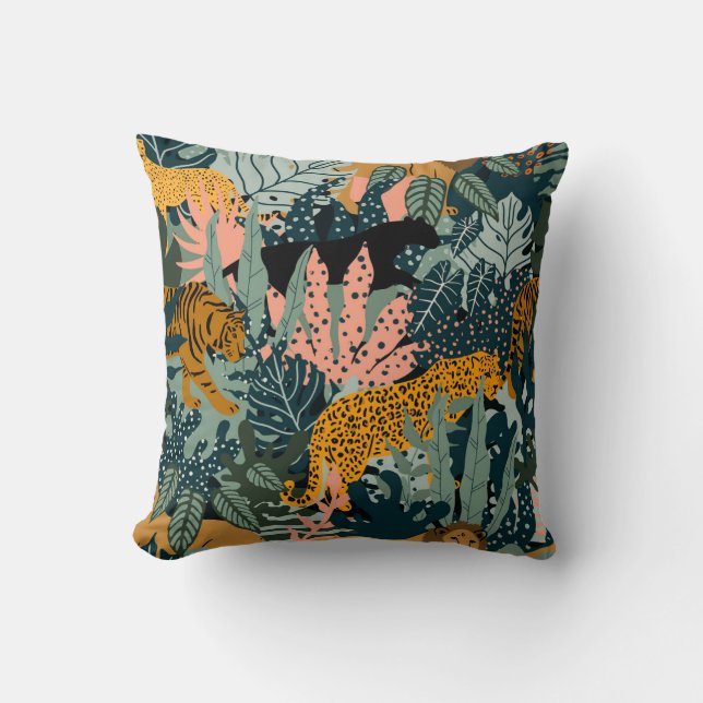 Tropical Leopard and Tiger Print Jungle Pattern Cushion (Front)