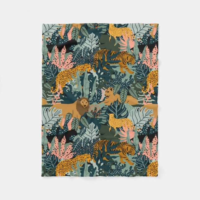 Tropical Leopard and Tiger Print Jungle Pattern  Fleece Blanket (Front)