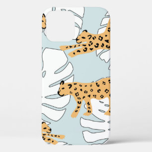 Tropical leopard animal and monstera palm leaves,e iPhone 12 case