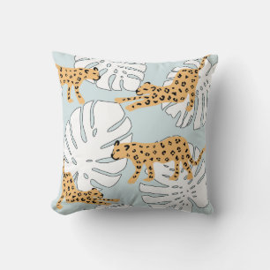 Tropical leopard animal and monstera palm leaves,e cushion