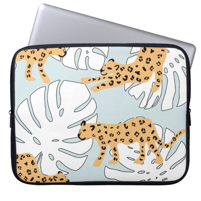 Tropical leopard animal and monstera palm leaves,e laptop sleeve (Front)