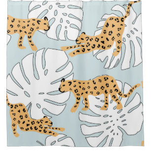 Tropical leopard animal and monstera palm leaves,e shower curtain