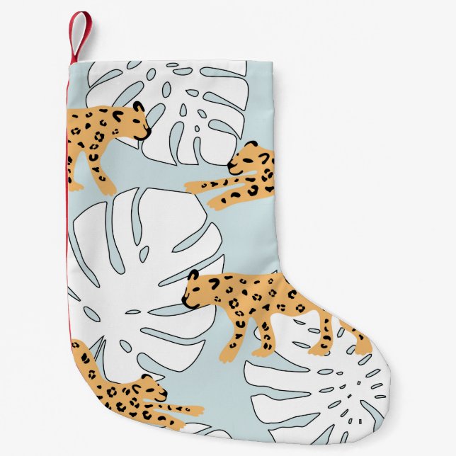 Tropical leopard animal and monstera palm leaves,e small christmas stocking (Front)