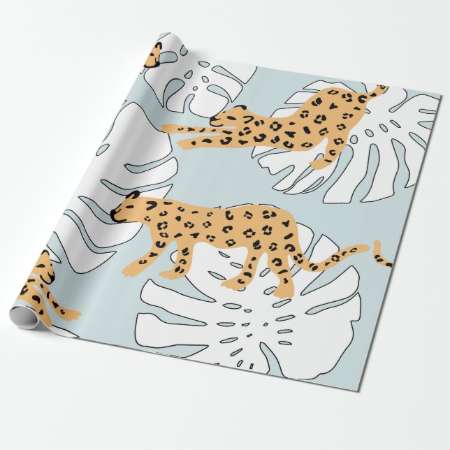 Tropical leopard animal and monstera palm leaves,e wrapping paper (Unrolled)