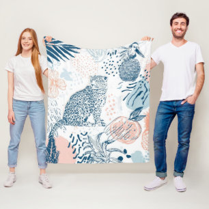 Tropical Leopard Blue Peach Abstract Fleece Blanket