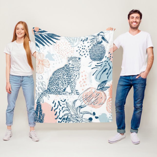 Tropical Leopard Blue Peach Abstract Fleece Blanket (In Situ)