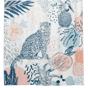 Tropical Leopard Blue Peach Abstract Shower Curtain