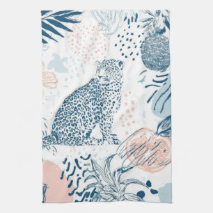 Tropical Leopard Blue Peach Abstract Tea Towel
