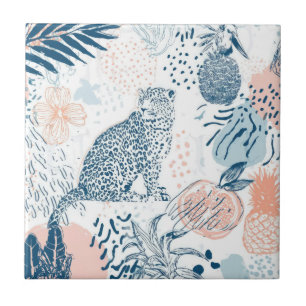 Tropical Leopard Blue Peach Abstract Tile