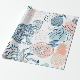 Tropical Leopard Blue Peach Abstract Wrapping Paper