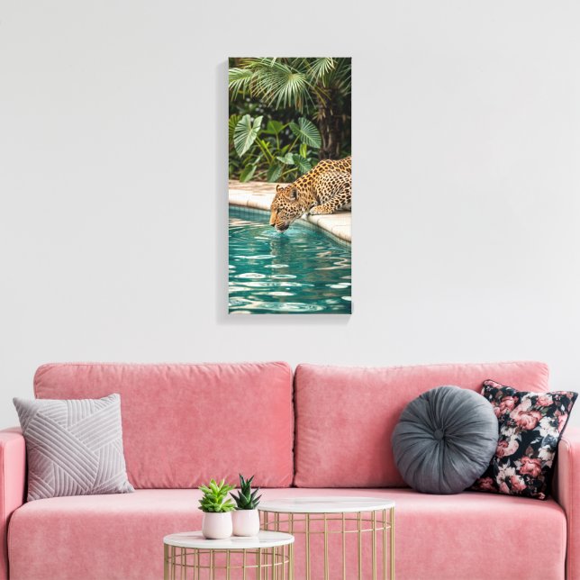Tropical Leopard Drinking Canvas Print – Jungle An (Insitu(LivingRoom))
